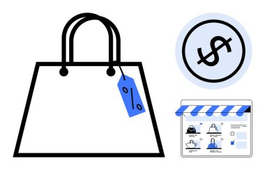 İndirim etiketli alışveriş torbası, daire şeklinde dolar işareti ve çevrimiçi mağaza sitesi. E-ticaret, çevrimiçi alışveriş, satış promosyonları, mağaza yönetimi, perakende sektörü, pazarlama stratejileri için ideal