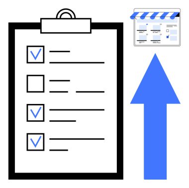 Mavi işaretli görev listesi, ilerlemeyi gösteren yukarı mavi ok ve tarayıcı penceresi. Üretim, büyüme, planlama, ilerleme izleme, görev yönetimi, iş geliştirme için ideal