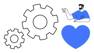 Birbirine kenetlenmiş iki vites, büyük bir kalbe bakan bir el ve bir insan. Takım çalışması, verimlilik, işbirliği, yenilik, rehberlik liderlik motivasyonu için ideal. Mavi soyut çizgi düz