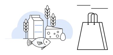 Süt kutusu, peynir, yumurta, balık ve buğday. Market markaları, yemek dağıtım hizmetleri, sağlıklı beslenme kampanyaları, ticari reklam rehberliği için idealdir.