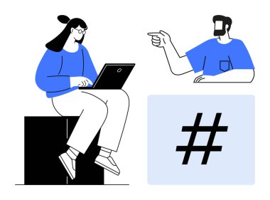 Adam dizüstü bilgisayarda çalışan kadınla iletişim kuruyor ve işaret ediyor. Büyük bir meta veri etiketi. Sosyal medya, iletişim, işbirliği, teknoloji, internet tartışmaları, takım çalışması, çevrimiçi