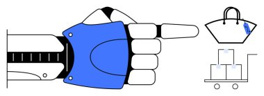 Robot el alışveriş çantasına ve tramvaydaki kutulara bakıyor. Otomasyon için ideal, perakende verimlilik, teknoloji gelişimi, gelecekten alışveriş, akıllı lojistik, yapay zeka