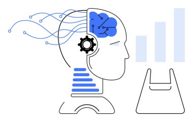 Veri tablolarına bağlı yapay zeka ve bilgiyi temsil eden çarkları ve devreleri olan insan kafası. Yenilik için ideal, yapay zeka, veri analizi, makine öğrenimi, bilişsel süreçler, teknolojik gelişim