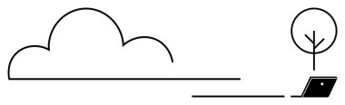 Minimalist çizgiler kullanarak bulut ve ağaca bağlı bir dizüstü bilgisayar. Teknoloji, doğa, bağlantı, bulut hesaplama, çevre dostu teknoloji, ağ kurmak, uzak çalışma temaları için idealdir. Soyut satır düzlüğü