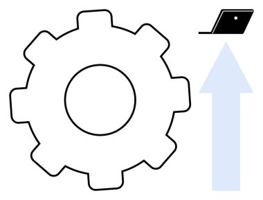 Dizüstü bilgisayarı olan dişli ve yukarı doğru ok otomasyon, teknoloji ilerlemesi, büyüme, optimizasyon, gelişme ve gelişmeyi önerir. İş için ideal, mühendislik teknolojisi yeniliği