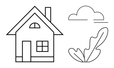Basit bir evin, bir bulutun ve yaprak şeklinde bir bitkinin siyah beyaz çizgi çizimi. Ev, doğa, basitlik, minimalizm, çevre gayrimenkul ve sakinlik temaları için idealdir. Soyut satır düzlüğü