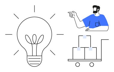 Ampul, işaret eden kişi, el arabasındaki kutular takım çalışması ve planlama iletir. İş stratejisi, yenilik, lojistik, işbirliği, verimlilik tedarik zinciri yönetimi için idealdir. Basit.
