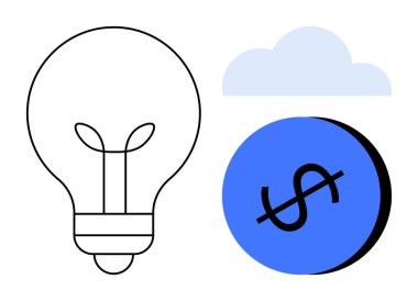 Ampul fikirleri, bulut teknolojiyi ya da bulut hesaplamasını temsil eder ve dolar para da finansı gösterir. Yenilik için ideal, teknolojik çözümler, finansal stratejiler, yaratıcı düşünce, bulut