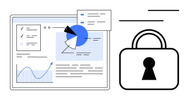Veri güvenliğini temsil eden asma kilidin yanında çizelgeler, grafikler ve kontrol listesiyle birlikte ekran. Siber güvenlik, veri analizi, bilgi koruması, gizlilik, güvenli tarama, denetleme için ideal