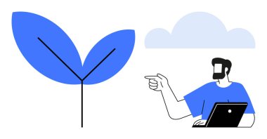 Bilgisayarlı bir adam arka planda büyük mavi bir filiz bulutunu işaret ediyor. Büyüme, yön, eğitim, yenilik, iş, planlama, çevre kavramları için idealdir. Soyut çizgi düz metafor