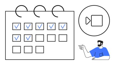 Calendar with events ticked for completed tasks, video call icon, person pointing at video call symbol. Ideal for planning, organization, remote work, meetings, productivity, scheduling teamwork clipart