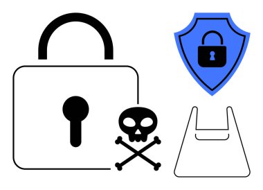 Kilit, kafatası ve çapraz kemikler, kilitli mavi kalkan ve çantanın ana hatları siber güvenlik endişelerini gösteriyor. Güvenlik farkındalığı, veri koruması, siber tehditler, çevrimiçi güvenlik, kötü amaçlı yazılım önleme için ideal