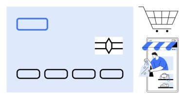 İnternet üzerinden alışveriş yapan bir cep telefonu ekranının yanında soyut bir sembol bulunan açık mavi renkli kredi kartı. E-ticaret için ideal, mobil uygulama, ödeme kapısı, online alışveriş, dijital