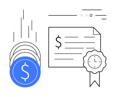 Düşen madeni paralar ve içinde döviz sembolü ve mühür bulunan bir mali sertifika. Finans, yatırım, bankacılık, sertifikalar, finansal planlama, iş ödülleri, ekonomik büyüme için idealdir. Çizgi