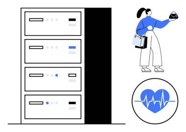 Healthcare worker handling therapy records at data servers with a stethoscope and shopping bag next to a heart with a heartbeat line. Ideal for health technology, digital health, data management clipart