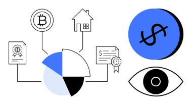 Turta şeması, Bitcoin, mülk, belge bağlantıları. Çemberdeki dolar işareti, finans simgesi. Yatırım, engelleme zinciri, finans, emlak veri analizi için ideal dijital para birimi