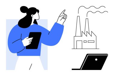 Woman holding tablet, pointing towards industrial factory with smokestacks, accompanied by a laptop. Ideal for technology, industrial automation, remote control, factory management, innovation clipart