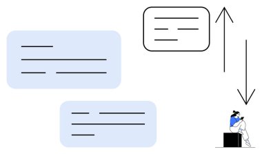 Mavi gömlekli kadın siyah bir kutunun üzerine oturmuş, konuşma baloncuklarıyla düşünüyor. İletişim, planlama, yön, takım çalışması, strateji, karar verme süreci için ideal. Satır metaforu