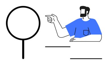 Mavi gömlekli bir işadamı büyüteçle işaret ediyor, metin eklemek için aşağıdaki satırları gösteriyor. İş analizi, araştırma, keşif, odaklanma, detay, veri denetimi sunumu için ideal. Soyut çizgi