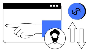 İnsan eli web tarayıcısı, kullanıcı avatarı, dolar işareti, yukarı ve aşağı oklar. İş analizleri, web gezinti, finansal içgörü, kullanıcı etkileşimi, çevrimiçi pazar eğilimleri için ideal