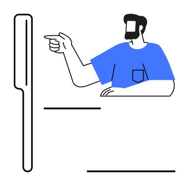 Sakallı, mavi gömlekli adam dikdörtgen bir nesneyi işaret ediyor. Rehberlik, yön, talimat, uyarı, dikkat, liderlik farkındalığı için ideal. Minimalist temiz çizgiler mavi ve siyah renkler