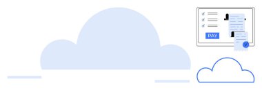 Arka planda büyük bulut ve daha küçük bulut simgesi olan bir ekranda dijital ödeme makbuzu işleniyor. Finans, teknoloji, güvenlik, bulut hizmetleri, dijital dönüşüm, otomasyon için ideal