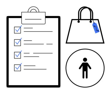 Checklist with blue checkmarks, a shopping bag with a blue price tag, and a black stick figure icon. Ideal for planning, organization, to-do lists, productivity, shopping, retail and consumer clipart