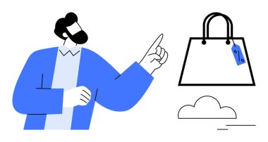 Etiketli bir alışveriş torbasını işaret eden adam online alışveriş, satış ya da indirimleri ima ediyor. E-ticaret, pazarlama, reklam, tüketici davranışı, dijital mağazaların çevrimiçi perakende tanıtımı için ideal