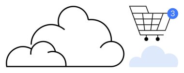 Bulut kümeleri, bir alışveriş arabasının bitişiğindeki bulut depolama hizmetlerini temsil ediyor. E-ticaret, bulut teknolojisi, çevrimiçi alışveriş, veri depolama, dijital hizmetler, teknoloji için ideal