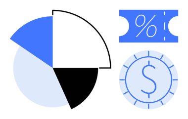 Turta grafiği yüzde ve para birimini temsil eden dört parçaya ve sembollere bölünmüştür. Mali analiz, yatırım stratejileri, ekonomik veriler, iş büyümesi, bütçe ve tasarruf planları için ideal