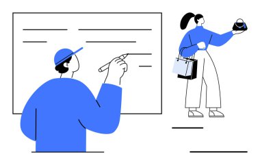 Öğretmen keçeli kalemle büyük tahtaya yazı yazarken, alışveriş torbası tutuyor. Eğitim, alışveriş, perakende, eğitim, basitlik, doğrusal tasarım iletişimi için idealdir. Modern soyut çizgi düz metafor