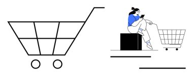 Mobil cihazlı bir kadın büyük bir alışveriş arabasının yanında bir küpün üzerinde oturuyor. Çevrimiçi alışveriş, e-ticaret, dijital alışkanlıklar, tüketici davranışı, mobil kullanım, perakende trendler, modern yaşam tarzı için ideal