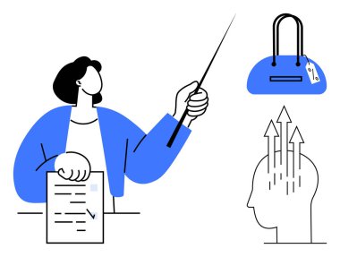 Kişi bir belge tutuyor ve fikirleri ve bir el çantasını işaret ediyor. Sunumlar, iş stratejileri, pazarlama, eğitim, yaratıcılık, kişisel büyüme, ürün geliştirme için idealdir. Satır metaforu