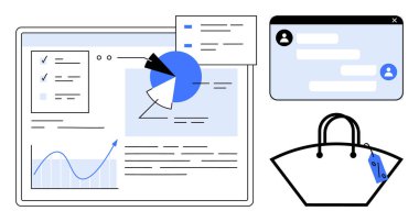 Bilgisayar ekranında iş veri analizleri, sohbet penceresi ve alışveriş çantası vurgu istatistikleri, mesajlar, grafikler ve etiketler. E-ticaret, iş analizi, çevrimiçi iletişim e-öğrenimi için ideal