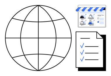 Mavi işaretli kontrol listesinin yanındaki dünya sembolü ve mağaza önü güneşlikli web sayfası düzeni. Küresel ticaret, e-ticaret, görev yönetimi, zamanlama, üretkenlik, proje planlaması için ideal