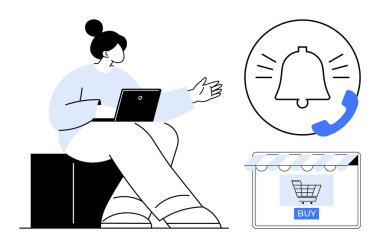 Dizüstü bilgisayar kullanan, alışveriş arabası ikonu ve uyarı zili çalan bir kadın. E-ticaret, uzaktan çalışma, çevrimiçi iletişim, dijital pazarlama, müşteri ilişkileri, mobil tebligatlar için ideal