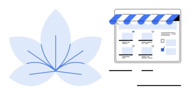 Elektronik ticareti temsil eden minimalist bir çiçek çiziminin yanında dijital mağaza önü. Çevrimiçi alışveriş, web tasarımı, dijital pazarlama, başlangıç, büyüme, yenilik ve minimalizm temaları için ideal
