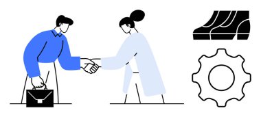 İş ortakları anlaşma ya da ortaklık göstergesi olarak el sıkışıyorlar. Biri evrak çantası tutuyor, vites ve bar grafik simgeleriyle birlikte. İşbirliği, ortaklık, iş anlaşmaları konuları için ideal