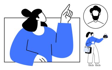 Maviler içinde yukarı doğru hareket eden bir kişi, başka bir alışveriş torbası, daire şeklinde erkek vesikalığı. Tüketici davranışları için ideal, çevrimiçi alışveriş, sosyal etkileşim, reklam, perakende. Modern soyut çizgi