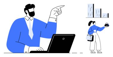 Adam dizüstü bilgisayarı gösteriyor ve kullanıyor, kadın alışveriş çantası ve telefon tutuyor, dijital bar grafikleri. İş sunumları, takım çalışması, e-ticaret, pazarlama stratejileri, veri analizi, liderlik için ideal