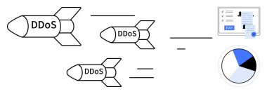 Yakınlarda bir pasta grafiği olan Ödeme etiketli bir belgeyi hedef alan üç adet DDoS füzesi. Siber güvenlik, tehdit analizi, veri koruması, mali güvenlik, saldırı hafifletme, ağ savunması için ideal