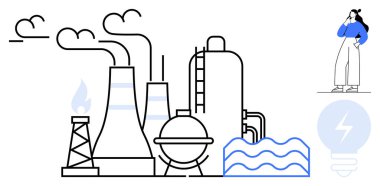 Duman yığınları, su dalgaları, petrol platformu ve dışarıda düşünen mavi elbiseli bir işçi. Enerji üretimi, sanayileşme, kirlilik, işgücü, teknoloji temiz enerji için ideal