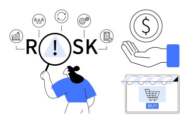 Kadın büyüteçle riski analiz ediyor, finans, piyasa ve sistem simgelerini değerlendiriyor. Dolar işareti, el, online alışveriş arabası. Mali risk ve yatırım e-ticaret karar verme için ideal