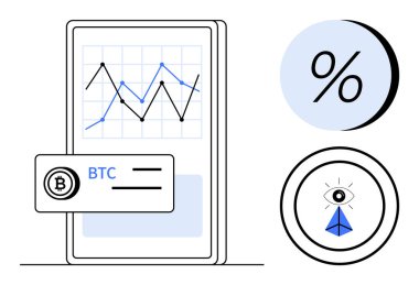 Akıllı telefon ekranında grafik ile Bitcoin ticaret uygulaması, Bitcoin BTC simgesi, yüzde sembolü ve ok simgesi ile göz. Kripto para ticareti, finansal uygulamalar, yatırım, engelleme zinciri için ideal