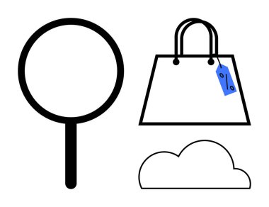 Büyüteç, etiketli alışveriş çantası ve bulut online arama, alışveriş ve bulut deposunu temsil ediyor. E-ticaret, çevrimiçi perakende, bulut hizmetleri, dijital pazarlama tüketicisi davranışı için ideal