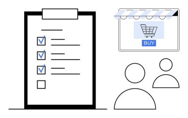 Panoda işaretli kutular, satın alma düğmeli online alışveriş arabası penceresi ve müşteri simgeleriyle kontrol listesi. E-ticaret için ideal, çevrimiçi mağazalar, müşteri memnuniyeti, alışveriş listeleri, tüketici