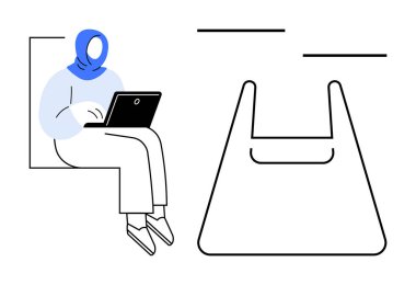 Başörtülü kadın dizüstü bilgisayar kullanıyor, büyük minimalist alışveriş çantası taslağı. Teknoloji, uzaktan çalışma, eğitim, e-ticaret, çeşitlilik ve minimalizm için ideal. Soyut çizgi düz metafor