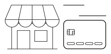 Büyük bir kredi kartı ve yatay işlem hatlarının bitişiğinde küçük bir dükkan vitrini var. Perakende, e-ticaret, çevrimiçi alışveriş, küçük işletme, ödeme işleme, finans için ideal