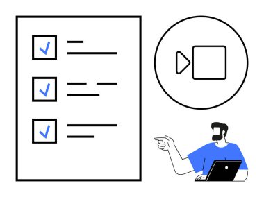 Dizüstü bilgisayarda çalışan kişi, kontrol listesine mavi işaretler ve video iletişim ikonu ile işaret ediyor. Üretkenlik, organizasyon, uzak çalışma, zaman yönetimi, görev tamamlama, iletişim için ideal