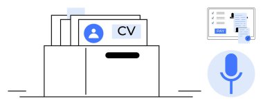 Özgeçmişli dosyalama sistemi, maaş detayları ve mikrofonlu belgeye devam edin. İşe alım, iş arama, İK yönetimi, ses kaydı, belge organizasyonu, istihdam süreçleri kariyeri için ideal